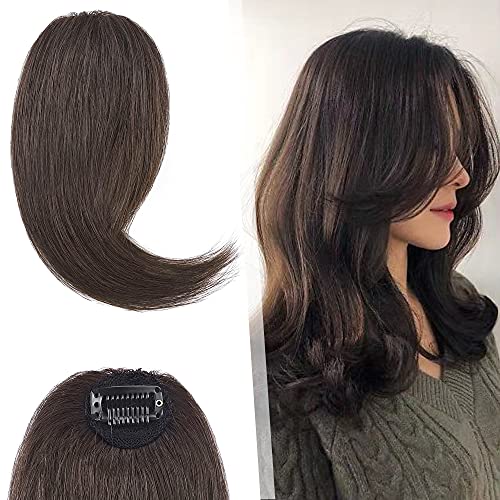 Hairro % Human Hair Clip in Side Bangs Extensions PCS Medium Brown Clip on Middle Part French Bangs Inch Side Swept Fringe Hairpieces #