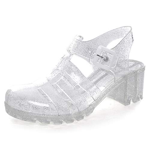 Hee grand Women Crystal Jelly Sandals Summer Women Rain Boots Retro Slingback Strappy HeelsFlat Sandals For Women,Heel White