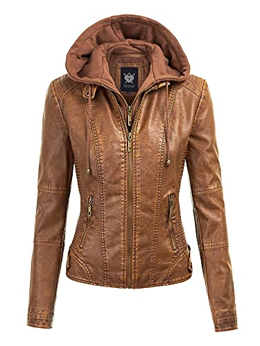 LL WJComens Faux Leather Quilted Motorcycle Jacket with Hoodie M CAMEL