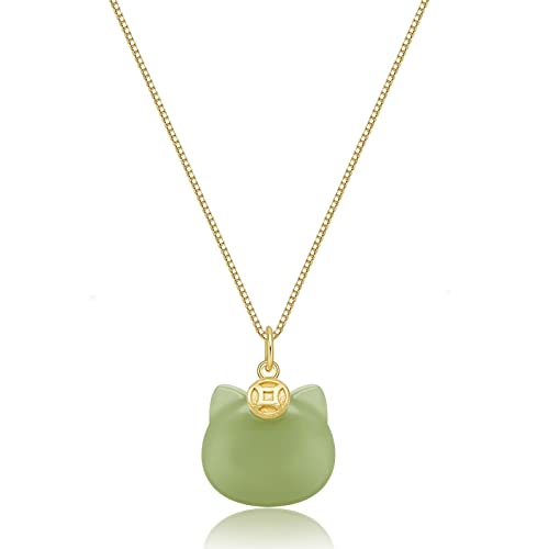 LOOYUUPEE Green Natural Jade Necklace, Cat Shape Jade Pendant for Women, Jade Jewelry for Women Lucky Gifts for Girls Women (Sterling Silver with Gold Plated)