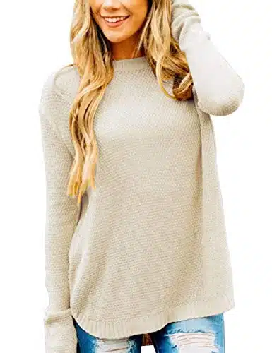 MEROKEETY Women's Fall Long Sleeve Oversized Crew Neck Solid Color Knit Pullover Sweater Tops, Beige S