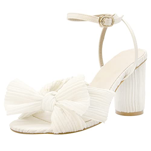 MUCCCUTE Women's Bow Knot Heeled Sandals White Ankle Buckle Strap Chunky Heeled Open toe Bridal Wedding Party Fashion Heeled Sandals