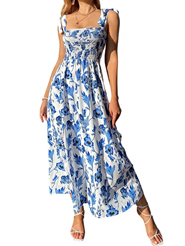 MakeMeChic Women's Summer Boho Dress Floral Print Spaghetti Strap Square Neck Shirred Maxi Dress Beach Sun Dress A Blue and White L