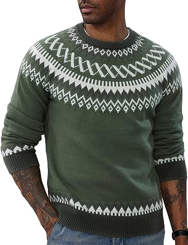 Men's Fair Isle Sweater Pattern Crewneck Knit Sweater Outdoor Long Sleeve Vintage Pullover Gray Green