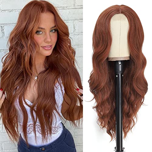 NAYOO Long Auburn Wavy Wig for Women Inch Middle Part Curly Wavy Wig Natural Looking Synthetic Heat Resistant Fiber Wig for Daily Party Use (Auburn)
