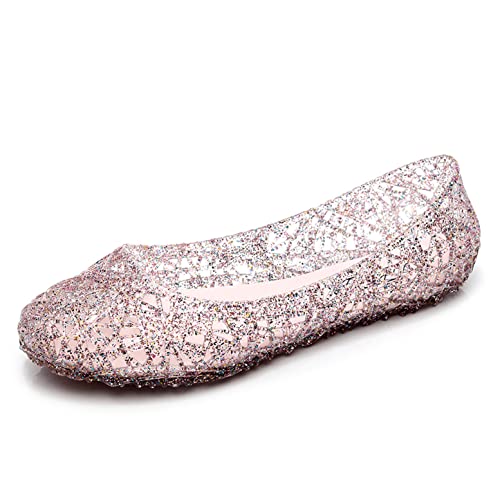 OMGard Womens Jelly Sandals, Pink Jelly Shoes Glitter Flats for Women , Slip On Summer Ballet Flats Transparent Layered Lines Bird Nest Soft Hollow Out Loafers