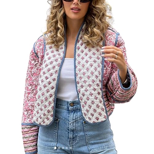 Omoone Women's Cropped Floral Quilted Jacket Cardigan Printed Lightweight Open Front Padded Puffer Coat(Pink XS)