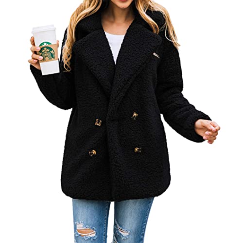 PRETTYGARDEN Women's Fashion Winter Coat Long Sleeve Lapel Zip Up Faux Shearling Shaggy Oversized Shacket Jacket (Style Two Black,Medium)
