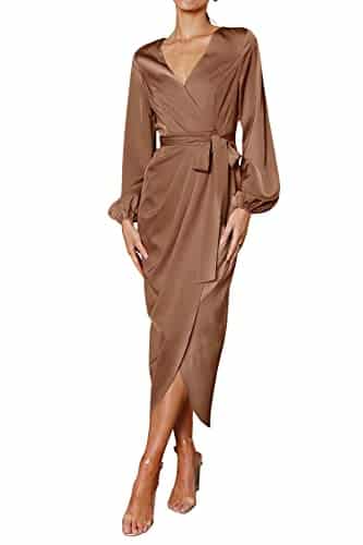 PRETTYGARDEN Women's Maxi Satin Dress Puff Sleeve Wrap V Neck Ruched Belted Long Formal Cocktail Dresses (Brown,Medium)