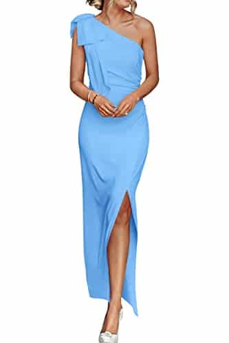 PRETTYGARDEN Women's Summer One Shoulder Long Formal Dresses Sleeveless Ruched Bodycon Wedding Guest Slit Maxi Dress (Sky Blue,Large)