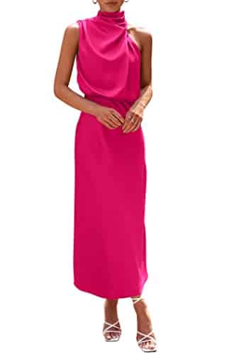 PRETTYGARDEN Women's Summer Satin Dress Elegant Sleeveless Mock Neck Cocktail Party Maxi Dresses (Rose Red,Small)