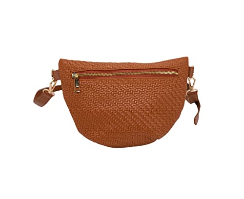 Phlox Collective Nylon Fanny Pack, Fashion Waist Pack Bag, Adjustable Fanny Bag, for Women, Men, and Kids (Cognac Brown Basketweave)