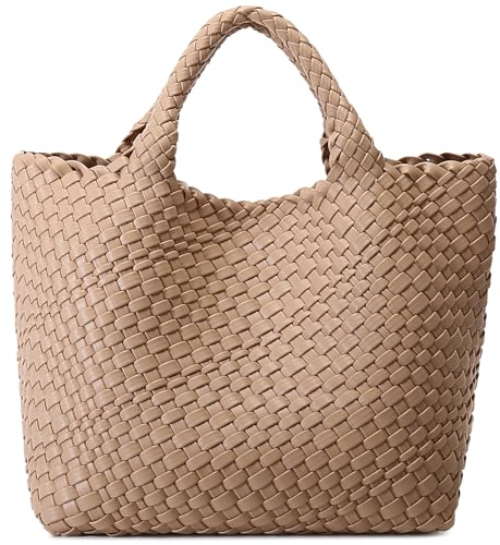Queenoris Woven Bag for Women, Vegan Leather Tote Bag Large Summer Beach Travel Handbag and Purse Retro Handmade Shoulder Bag
