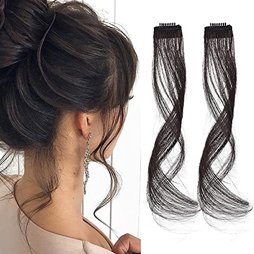 REECHO Long Side Air Bangs, Wavy Curly Clip in Curtain Bangs Front Side Bangs Face Framing Highlights for Women Daily Use PCS Set Long Temples Black Brown