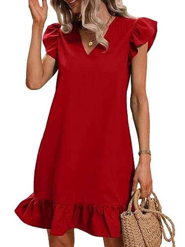 SOLY HUX Summer Dresses for Women V Neck Cap Sleeve Ruffle Hem Smock Short Dress Plain Red L