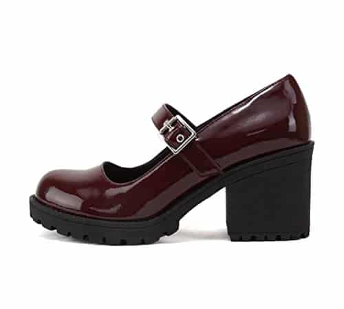 Soda âEvianaâ ~ Women Mary Jane Round Toe Mid Chunky Block Heel Lug Sole Pump with Adjustable Strap (Burgundy Patent, us_Footwear_Size_System, Adult, Women, Numeric, Medium, Numeric_)