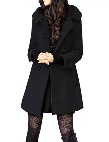 Tanming Women's Warm Double Breasted Wool Pea Coat Trench Coat Jacket with Hood (Black M)