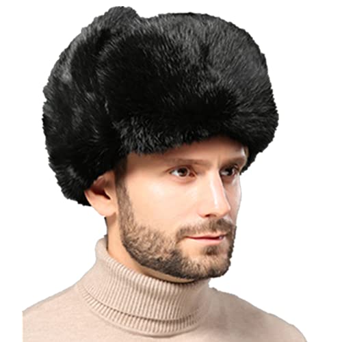 Trapper Hat Winter Russian Ushanka Hat Men Women with Faux Rabbit Fur Aviator Earflap Hat Bomber Windproof for Hunting Skiing Black