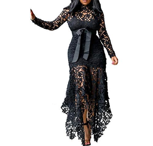VERWIN Hollow Floor Length Lace Up Asymmetrical Women's Maxi Dress Sexy Lace Dress Party Evening Dress (XXX Large, Black)