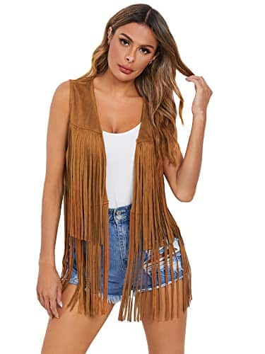 Verdusa Women's Tassel Sleeveless Vest s Hippie Faux Suede Fringe Jacket Cardigan Brown S