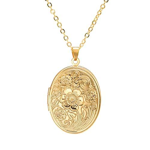 Vintage Engraved Flower Empaistic Photo Locket Hold Picture Oval Round Pendant Necklace Antique Carved Pattern Souvenir Memorial Clavicle Jewelry for Women gold