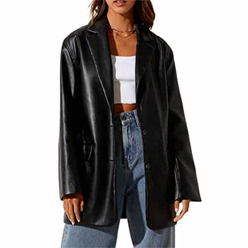 Women Faux Leather Jacket Long Sleeve Plus Size Top Blazers Button Lapel Outwears Coat (Black, S)