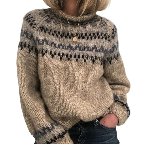 Women's Knitted Fair Isle Print Retro Sweater Casual Loose Crewneck Long Sleeve Lightweight Cropped Pullover Tops Grey