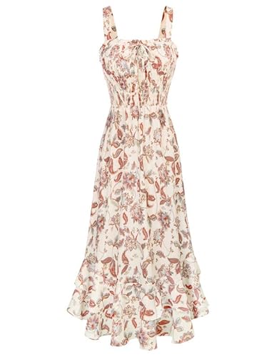 Women's Long Floral Print Dresses Spring Chiffon Boho Maxi Dress Trendy Flowy Sun Dresses Summer Casual Beige M