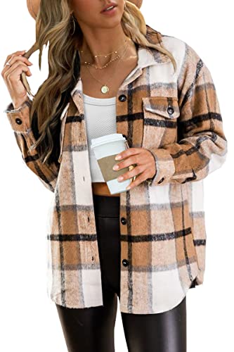 AUTOMET Womens Casual Plaid Shacket Button Down Long Sleeve Shirt Fall Jacket Shackets Shirts Fashion Top Blouse Apricot