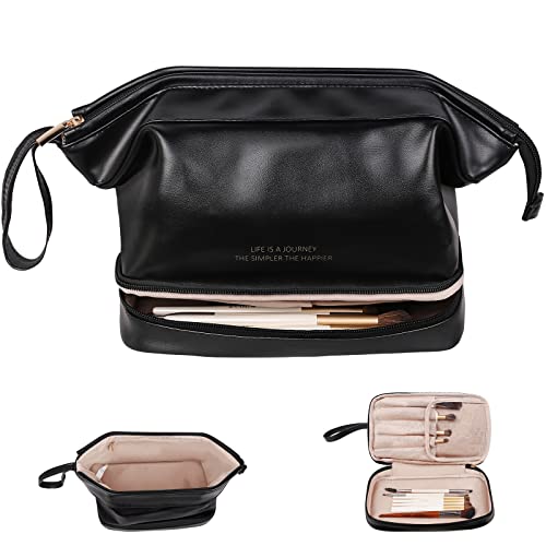 Abiudeng Travel Makeup Bag, Double Layer Portable Leather Toiletry Bag,Roomy Cosmetic Bag for Women and Girls.Black