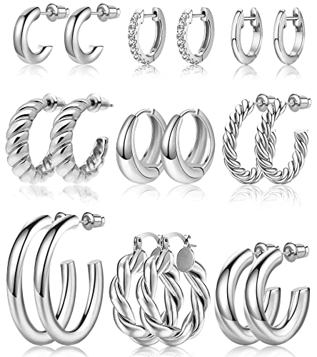 Adoyi Silver Hoop Earrings Set for Women Gold Twisted Huggie Hoops Earrings K White Gold Plated for Girls Gift Lightweight Pairs jewelry for women