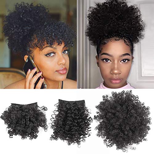 Allyreetress Afro Puff Drawstring Ponytail with Bangs Pineapple Updo Hair for Black Women,Short Kinky Curly Ponytail Bun with Replaceable Bangs(#B Black)