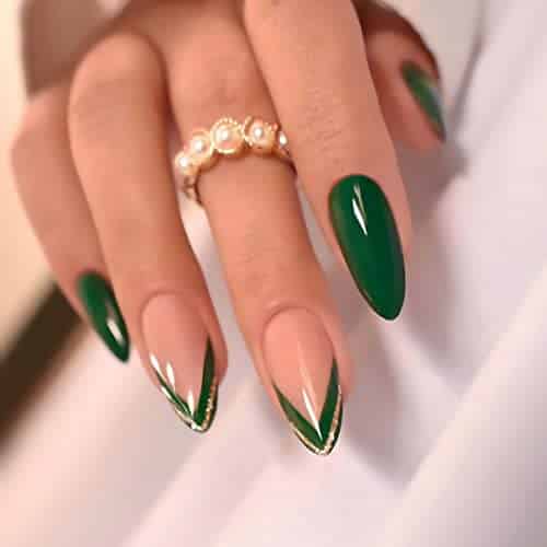 Almond Medium Fake Nails French Tip Press on Nails Artificial False Nails Green Acrylic Nails with Gold Glitter Design Glue on Nails for Women and Girls Decoration Pcs
