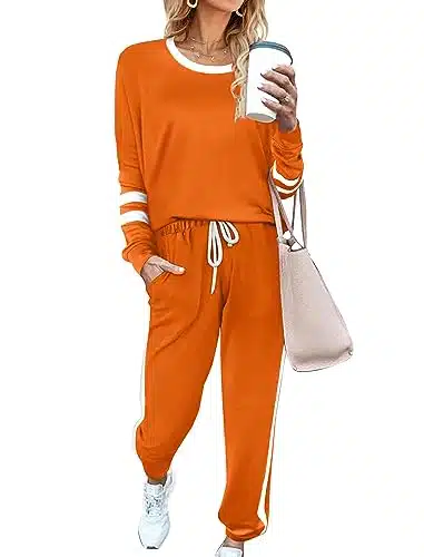 Aloodor Two Piece Outfits for Women Crewneck Lounge Sets Piece Athleisure Wear Halloween Orange XL