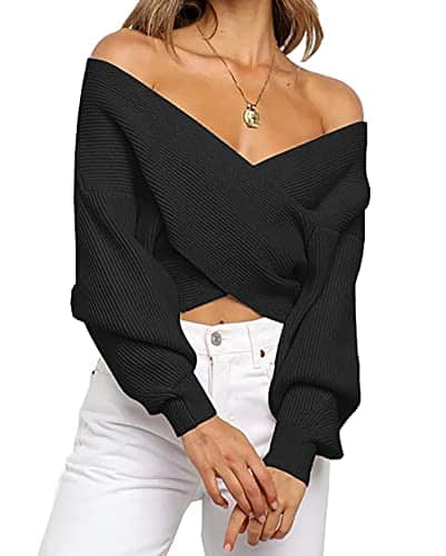 BTFBM Women Casual V Neck Long Sleeve Sweaters Cross Wrap Front Off Shoulder Asymmetric Hem Knitted Crop Solid Pullover(Solid Black, Large)