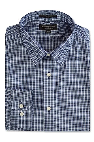 Banana Republic Mens Slim Fit All Cotton Non Iron Button Down Dress Shirt, (X Large, Navy Blue Plaid)