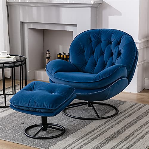 Baysitone Velvet Swivel Accent Chair with Ottoman Set, Modern Lounge Chair with Footrest, Comfy Armchair with Degree Swiveling for Living Room, Bedroom, Reading Room, Home Office (Blue)