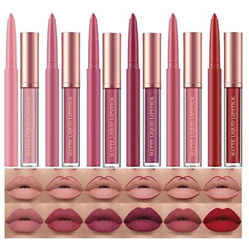 BestLand Pcs Matte Liquid Lipstick + Lip Liner Pens Set, One Step Lips Makeup Sets Pigment Velvety Nude Lip Stain Waterproof Long Wear Lip Gloss Make up Gift Set (Set B)