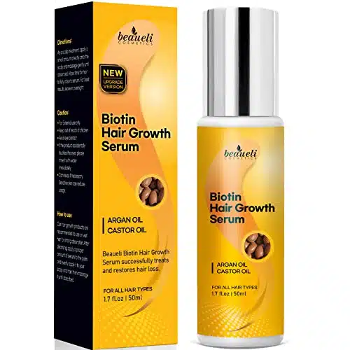 Biotin Hair Growth Serum with Castor Oil, Argan Oil   Hair Loss Prevention Treatment with Hair Regrowth Formula for Women by Beaueli