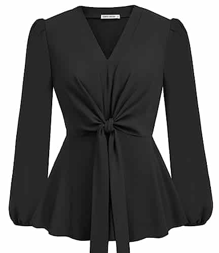 Black Peplum Tops for Women V Neck Tie Front Long Sleeve Shirts Tops Dressy XL
