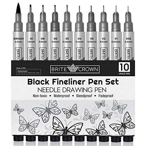 Brite Crown Drawing And Sketching Pens Set   Black Fineliner Pens mm To mm Width Tips & mm Micro Calligraphy Brush tip Pen, Ideal Gift Idea For Artists And Beginners