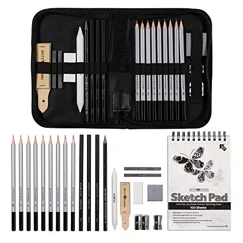Brite Crown Piece Pencil Drawing Set with Case and Sketch Book   Sketching Art Pencils Kit includes Graphite and Charcoal Pencils & Shading Tools