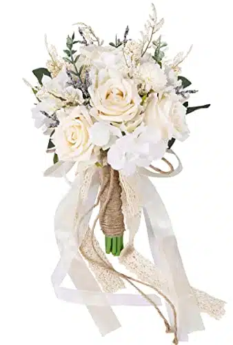 CEWOR Wedding Bouquets for Bride Bridesmaid, White Champagne Artificial Roses Flowers Wedding Decoration