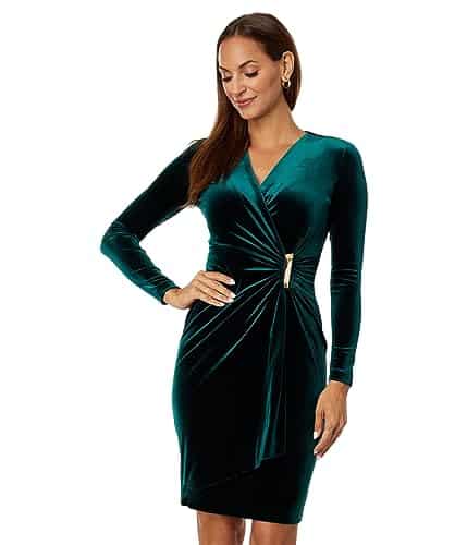 Calvin Klein Velvet V Neck Dress with Gold V Bar and Side Ruching Malachite