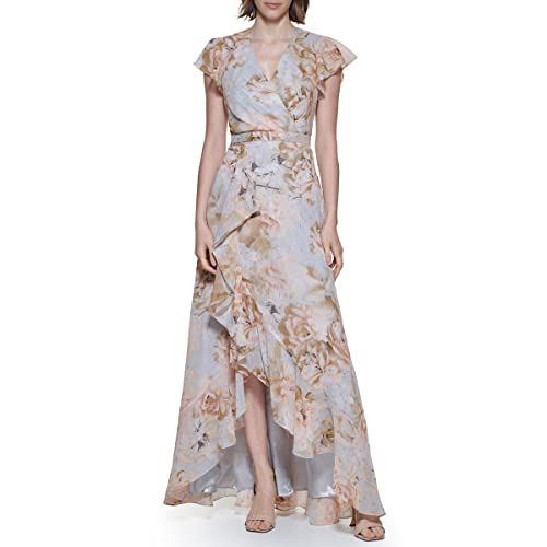 Calvin Klein Women's Sleeveless V Neck Gown with Shirred Bodice Dress, Nectar Multi,