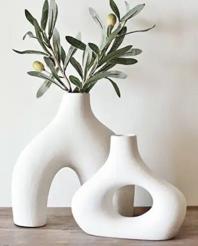 Carrot's Den Donut Vase, Set of   Minimalist Nordic Style, White Ceramic Hollow Vase Decor  Table Centerpiece, Boho, Wedding, Living Room, Bookshelf, Office, Modern Home (Warm White)