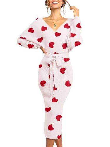 Chang Yun Heart Valentine Sweater Dress for Women Gift Long Sleeve Jumper Maxi Dresses Sexy V Neck Sweaters