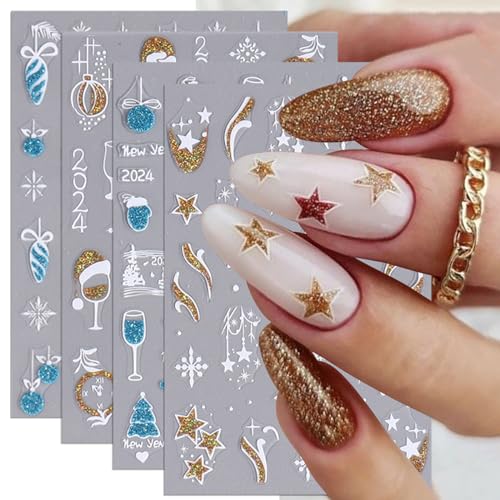 Christmas Nail Decals D Glitter Nail Art Stickers Snowflakes Bells Wine Cup Nail Design Self Adhesive Star French Nail Stickers for Women Girls DIY New Year Manicure Tip Decoration Sheets