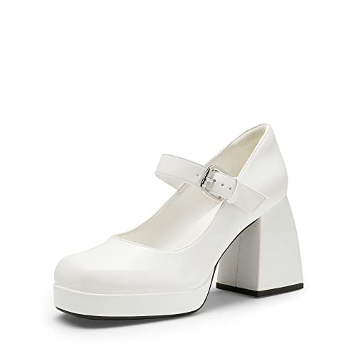 DREAM PAIRS Womens High Chunky Platform Closed Toe Mary Jane Block Heels Square Toe Strappy Dress Wedding Party Pumps Shoes, White pu   (SDPU)