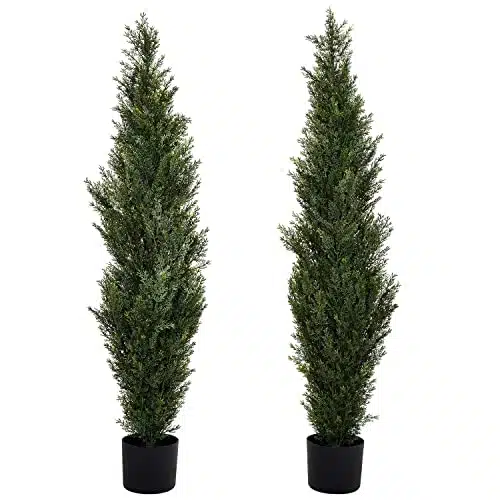 DearHouse Pack Foot Artificial Topiary Cedar Trees Potted Indoor Outdoor Plants, Uv Rated Plants in Plastic Pot